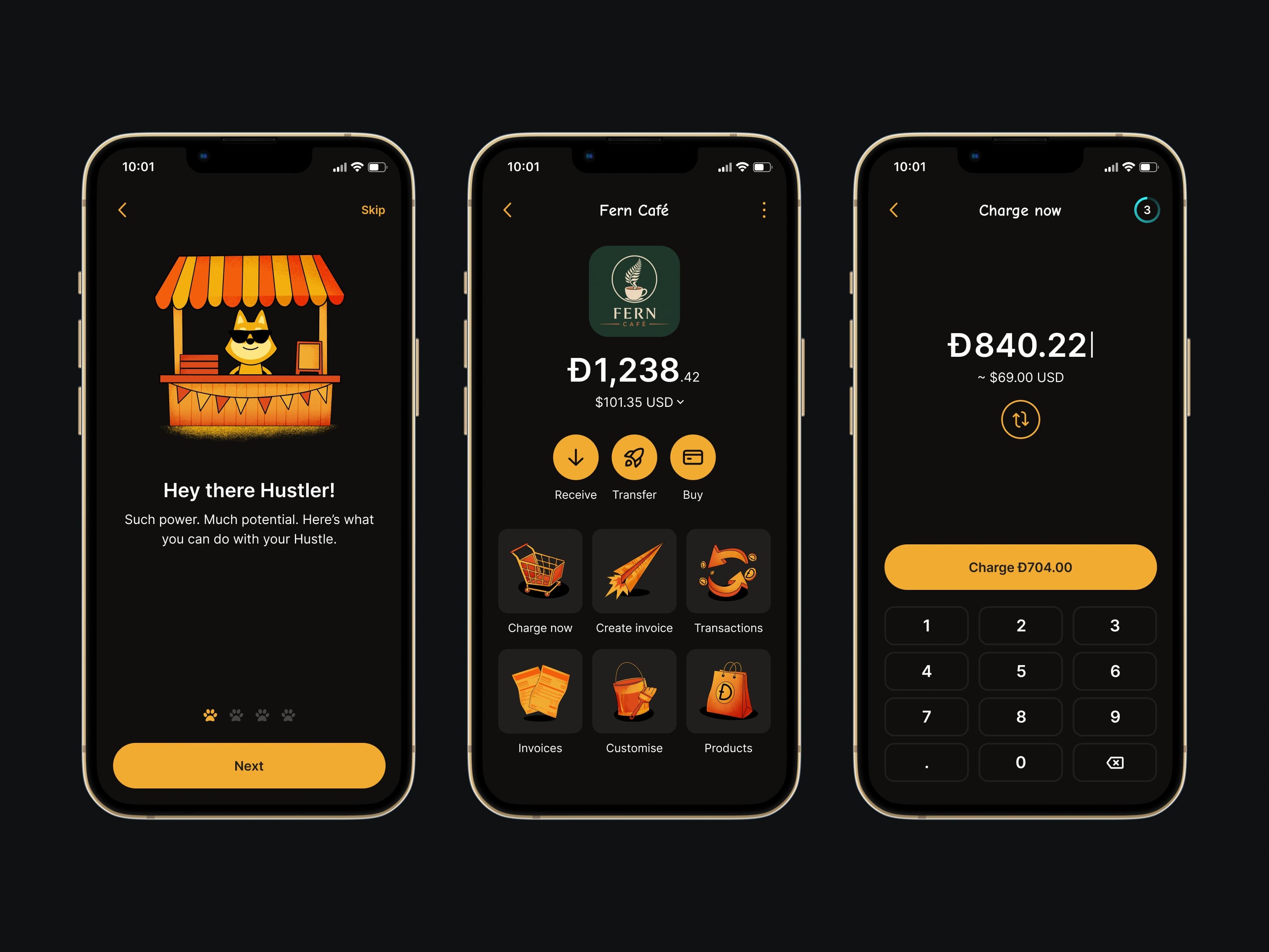Such Hustle account onboarding, business tools and Dogecoin payment screens