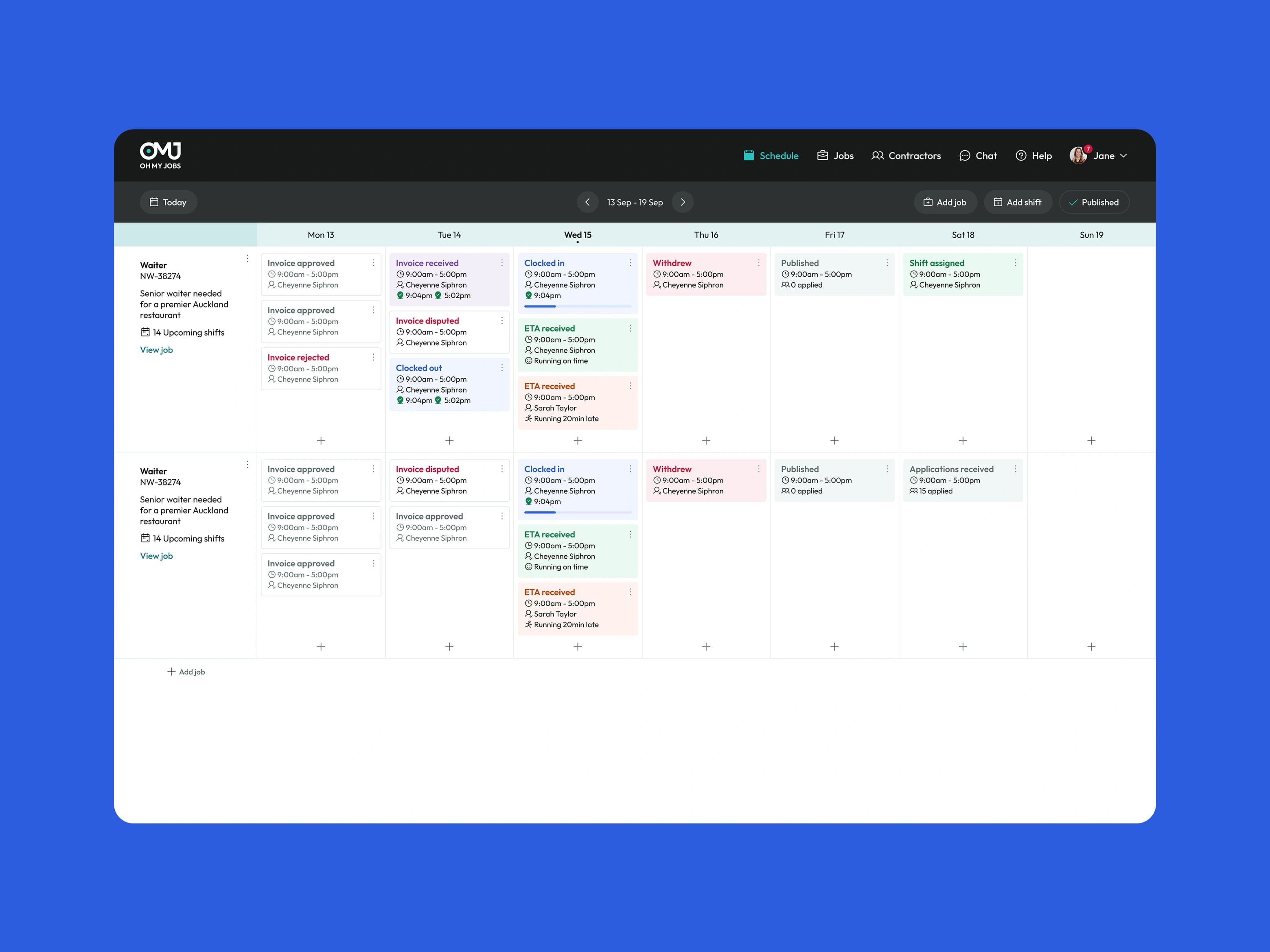 Oh My Jobs business schedule showing job and contractor progress