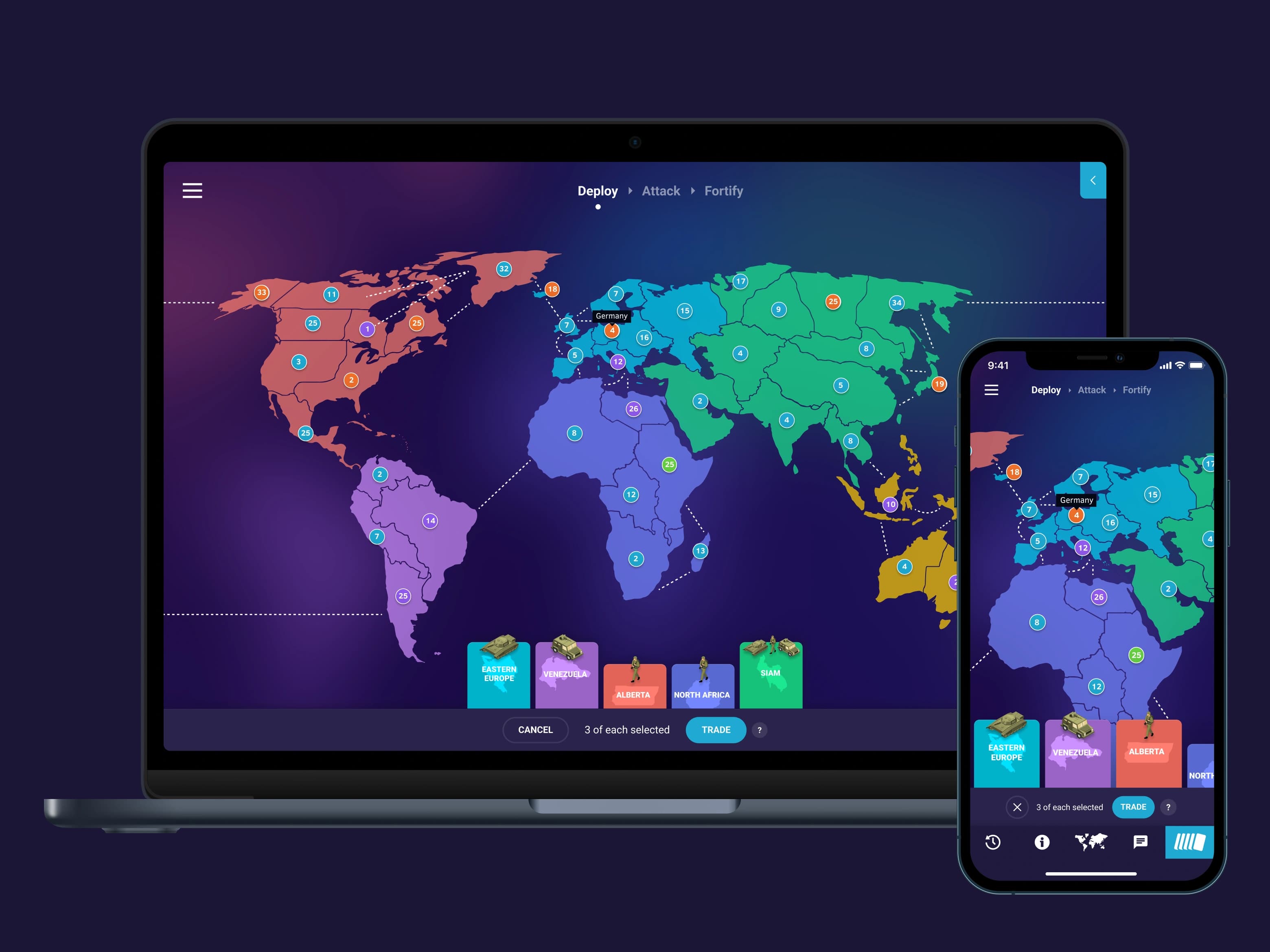 Rivalz responsive world map and card trading interface